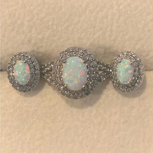 Ring and Earrings Set. Fire opals surrounded by beautiful white Sapphires